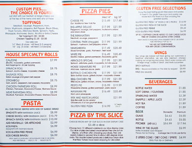 A Slice of New York Pizza Menu: Pizza, Rolls, Pasta, Wings, Beverages