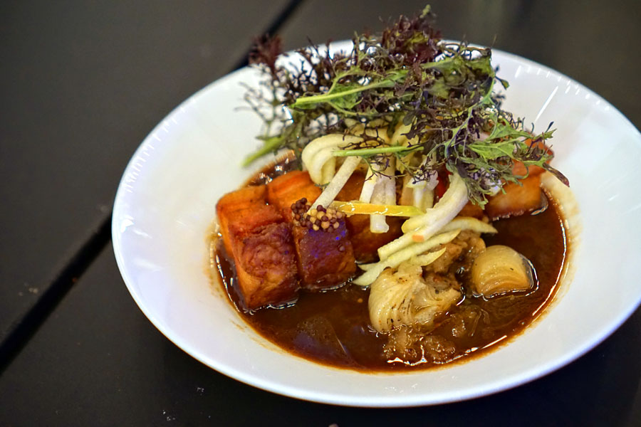 pork belly, roasted apple & cippolini onion, mustard greens, pickled mustard seed, pork jus