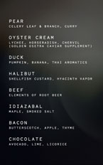 Vespertine Alinea Menu: Menu Items