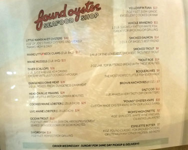 Found Oyster Seafood Shop Menu