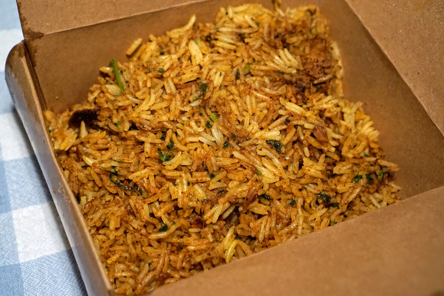 Biryani, choice of curried lamb, beef, chicken or shrimp cooked with rice in Moghul style