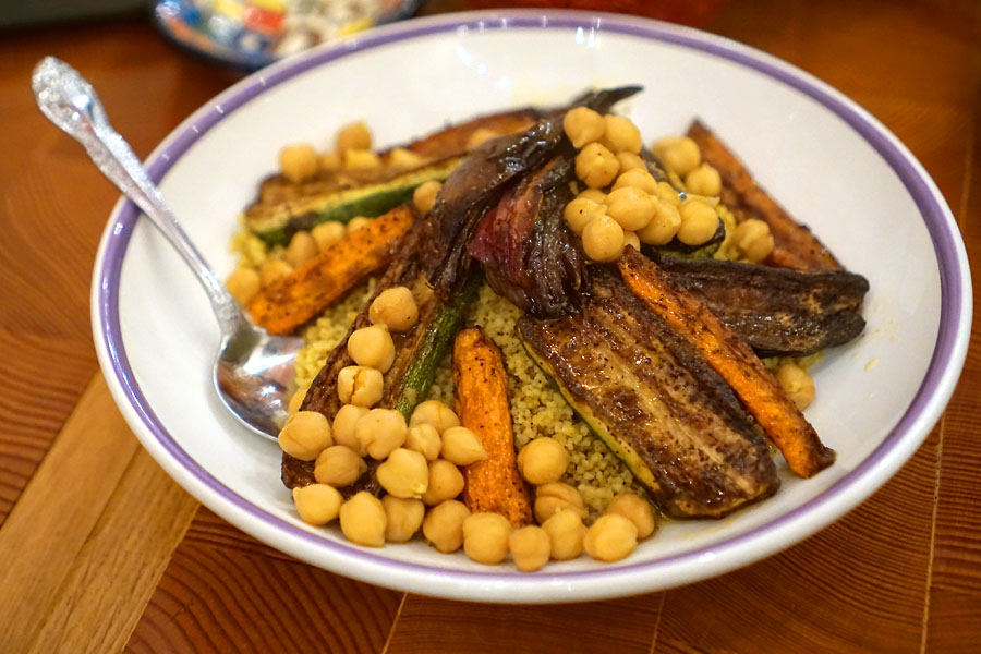 Couscous, supported by a rotating cast of roasted vegetables & garbanzo