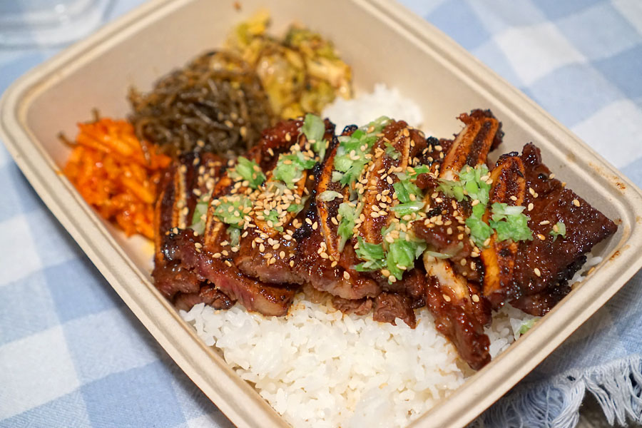 LA galbi, grilled soy-marinated short rib, served with white rice + 3 daily banchan
