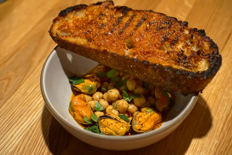 Mussels Escabeche with chickpeas and 'nduja toast