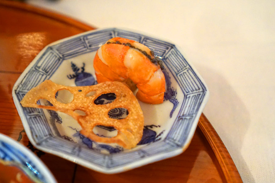 Umani Shrimp and Fried Lotus Root with Caviar on Top