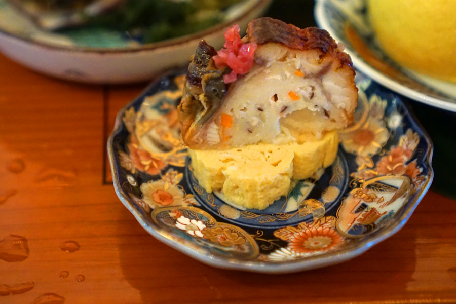 Dashi-maki Tamago (Japanese-style egg omelet) and Grilled Freshwater Eel over Fish Cake