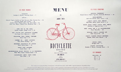 Bicyclette Bistro Menu