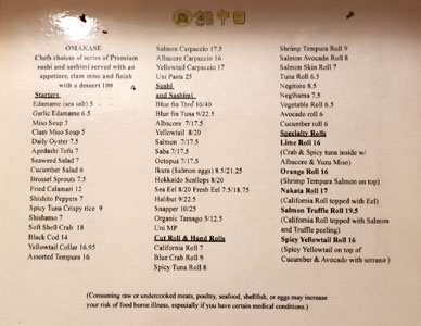 Sushi Nakata Menu