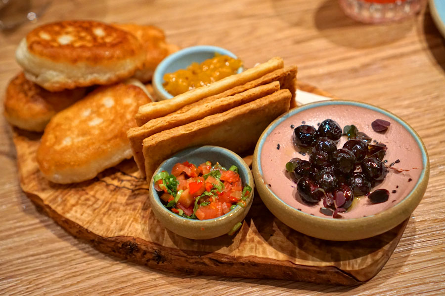 Goat liver mousse, crumpets, biscuit crackers, pickle relish, marmalade mostarda