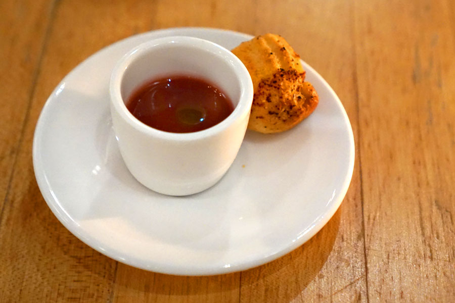 Blood Peach Gazpacho & Espelette Cornbread