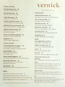 Vernick Food & Drink Menu/Beverage List