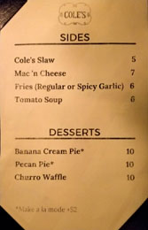 Cole's Menu: Sides & Desserts