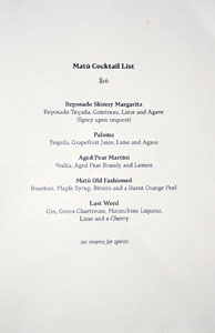 Matū Cocktail List