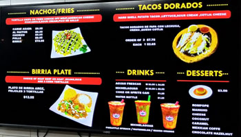 Tacos El Patron Menu: Nachos/Fries, Birria Plate, Tacos Dorados, Drinks, Desserts
