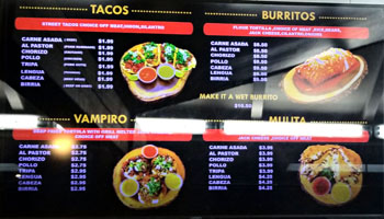 Tacos El Patron Menu: Tacos, Vampiro, Burritos, Mulita