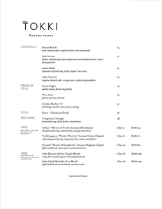 Toki Beverage List: Cocktails, Soju, Rice Wine, Sake, Sabe