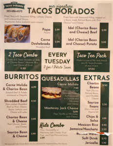 Chuy's Tacos Dorados Menu