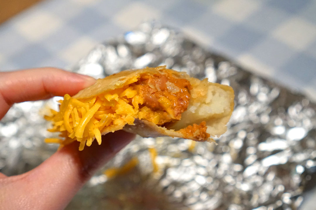 Idol (Chorizo Bean and Cheese) Potato Taco (Interior)