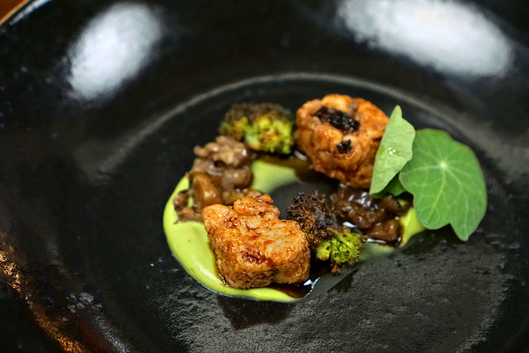 Sweetbreads, Black Vinegar & Peppercorn, Charred Brassica, Broccoli Mousse, Braised Matsutake