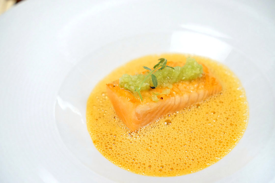 Grilled Salmon, XO Oil, Celtuce, Finger Lime, Sea Buckthorn Beurre Blanc