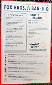 Fox Bros. Bar-B-Q Menu: Appetizers, Soup & Salads, Smoked Wings, Sandwiches