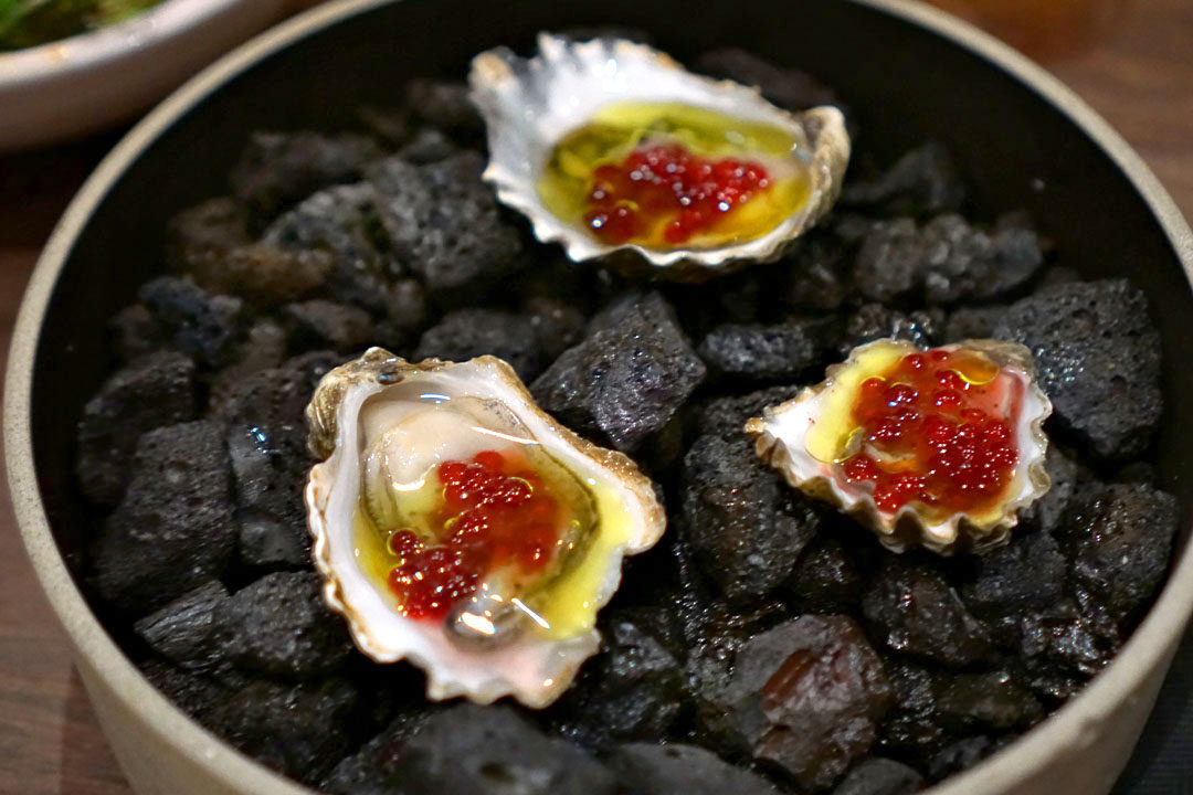 Kumamoto oysters, hibiscus, ginger, cassava, wasabi.