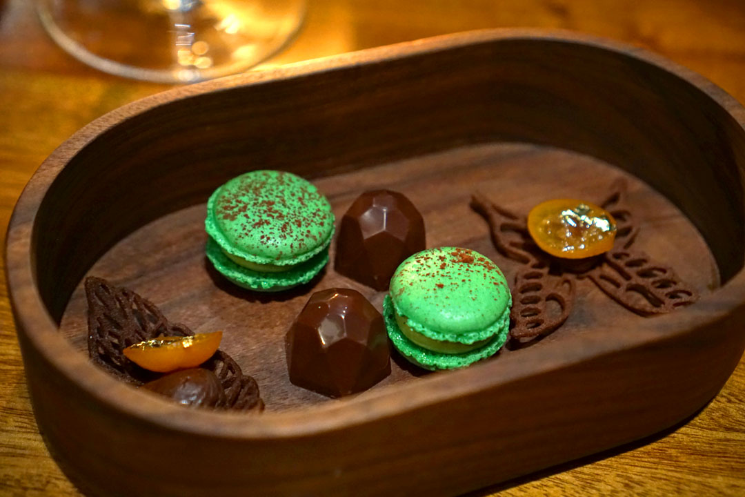 white chocolate matcha macarons + cassis and kumquat chocolates