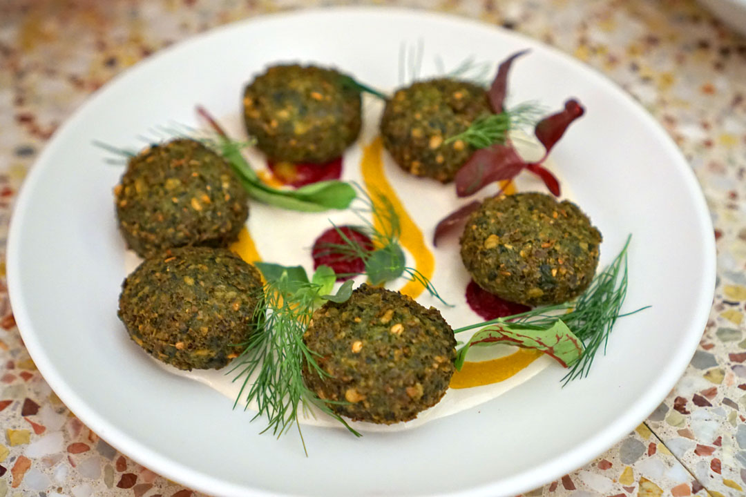 Green falafel, tahini, beet zhoug, amba, hearts on fire, dill