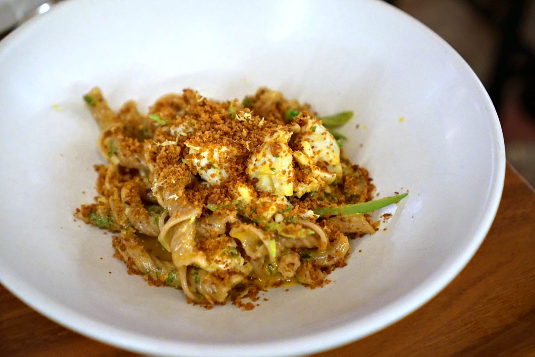 Blue Crab and Pink Peppercorn Strozzapreti, Chile, Lemon, Old Bay Breadcrumb