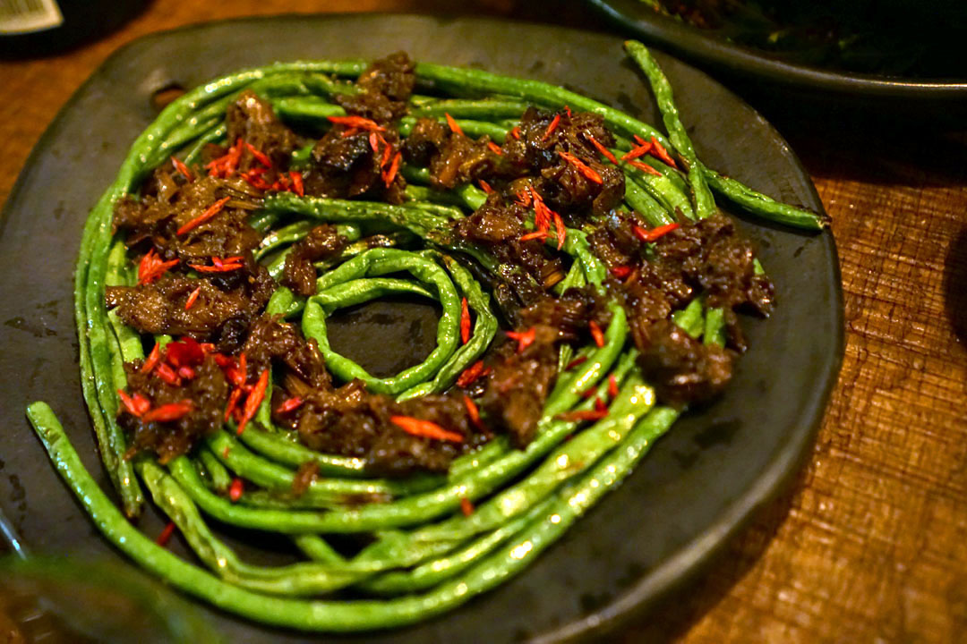 charred asparagus beans dressed with smoked rhubarb