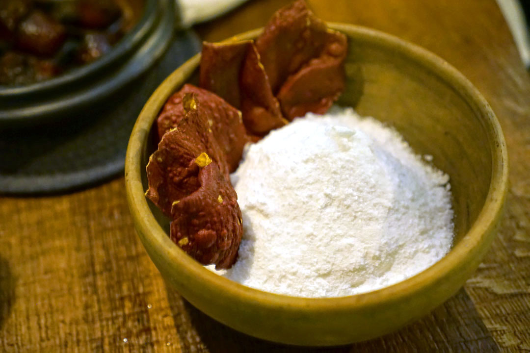 whipped coconut cream, frozen coconut, marzipan of white mulberries