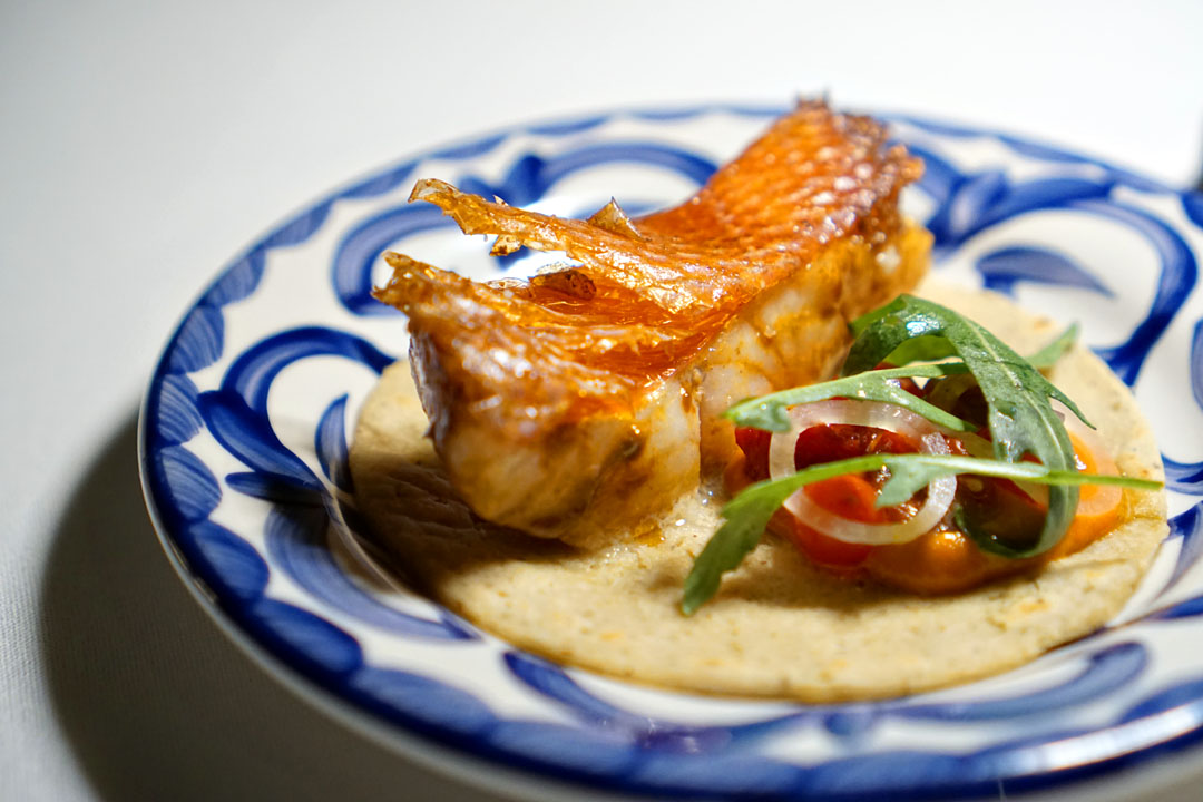 Pescado, alfonsino fish taco brushed with a chile negro paste on a Hickory King masa tortilla with demi sec tomatoes, currant tomatoes from Tucker Taylor, and chile de árbol salsa