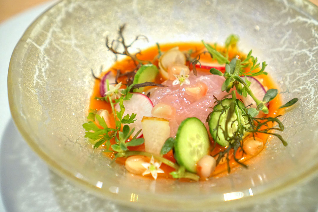 포항 물회 (Amberjack Mulhoe, Ojingeo, Shinko Pear, Fermented Chile)