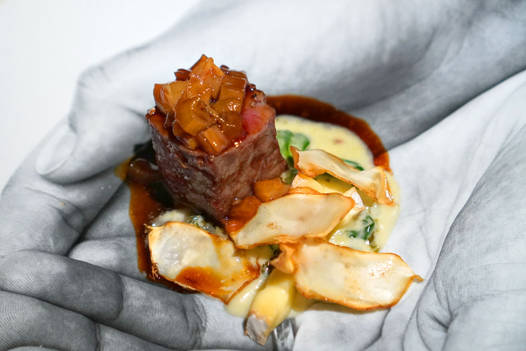 45-day dry aged beef with matsutake mushrooms, spinach and sorrel