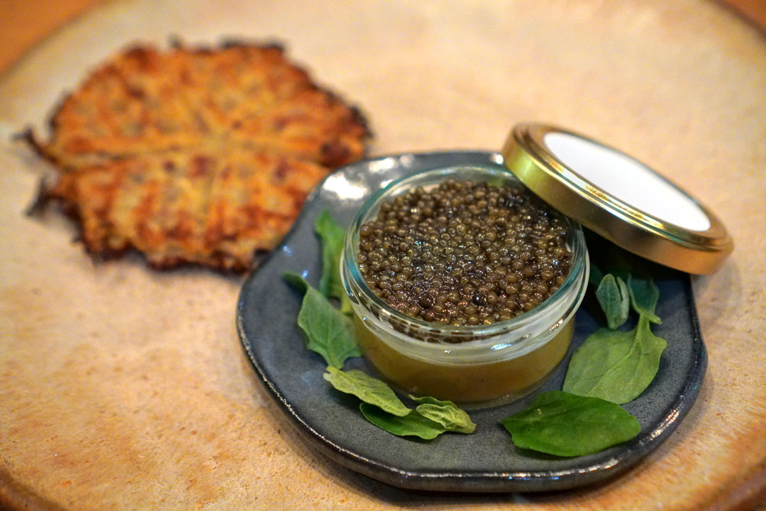 Tsar Nicoulai Golden Osetra Caviar, Sweet Potato, Apple, Duck Fat