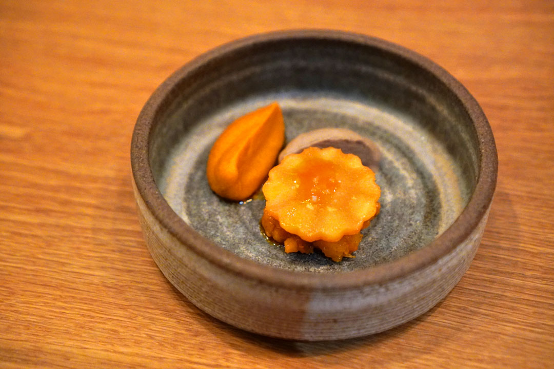 Red Kuri Squash & Miso, Marigold, Fermented Green Walnut