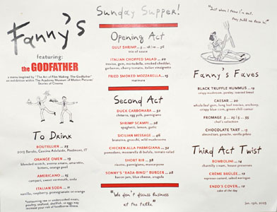 Fanny's Sunday Supper Menu