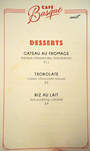 Café Basque Dessert Menu