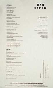 Bar Spero Menu