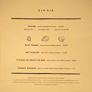 Jeune et Jolie Raw Bar Menu