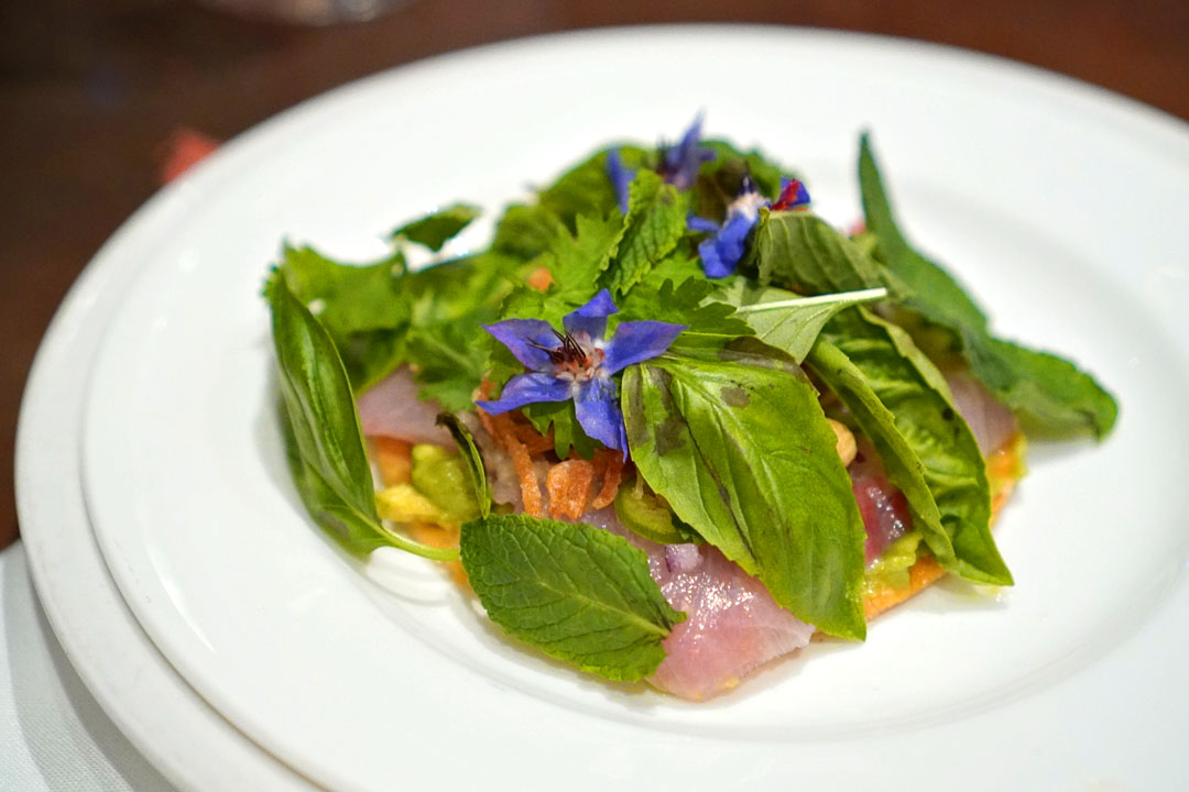 hamachi tostada 3.0, fish sauce vinaigrette, peanut, avocado