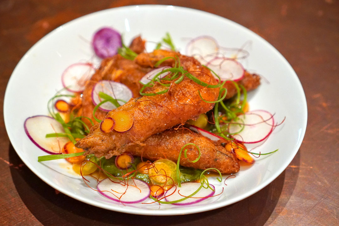 tempura soft shell shrimp, green curry, coconut milk caramel