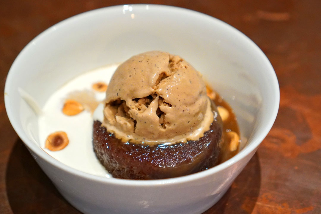 sticky toffee pudding, creme fraiche, coffee ice cream, hazelnuts