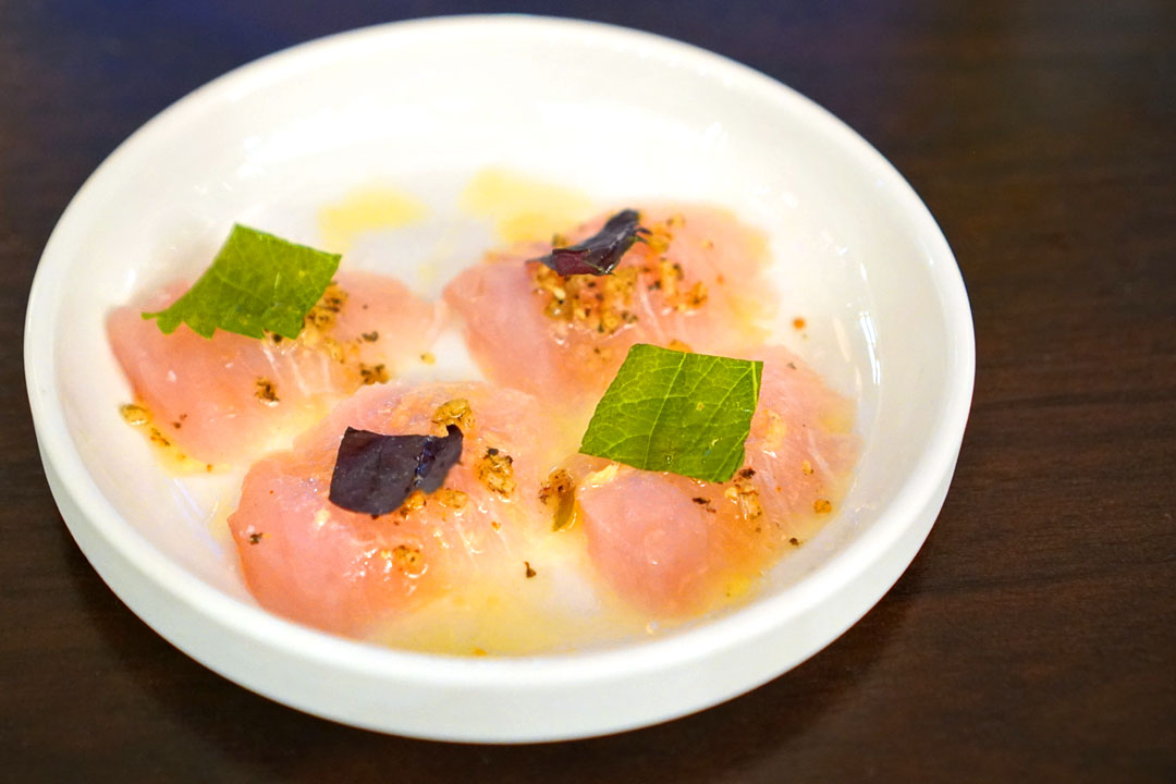 hiramasa crudo, white soy, furikake, shiso