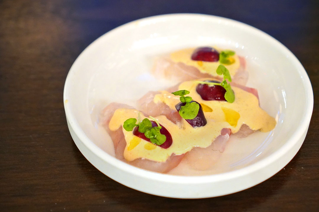 sea bream crudo, cherry, brown butter, basil