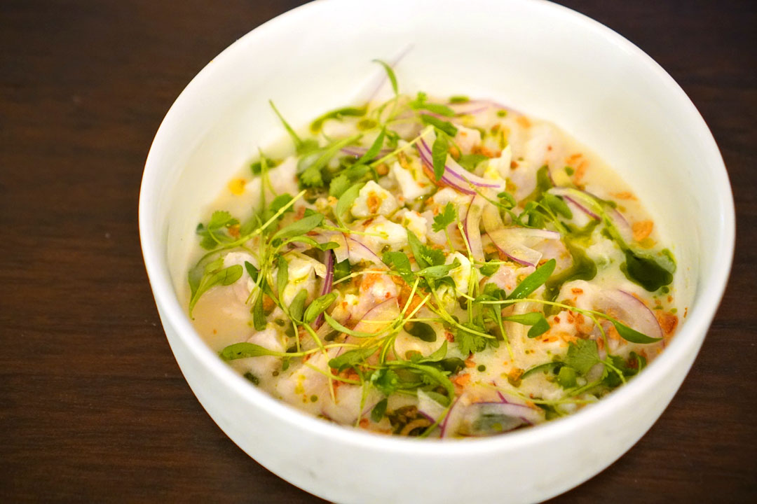 snapper ceviche, coconut broth, red onion, lime leaf