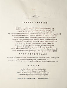 Dos Besos Menu: Tapas/Starters, Ensaladas/Salads, Paellas