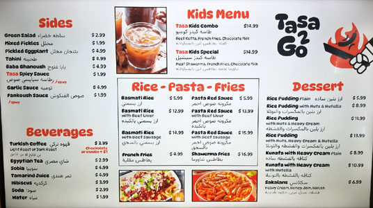 Tasa2go Menu