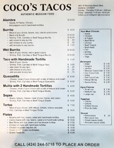 Coco's Tacos Menu