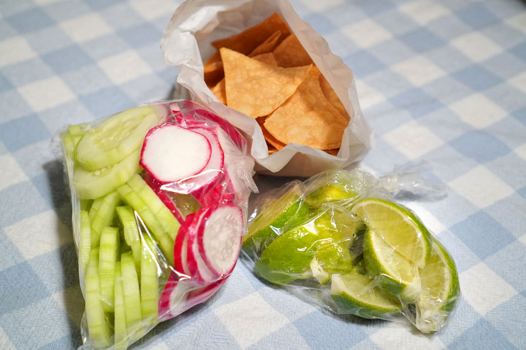 Cucumber/Radishes, Tortilla Chips, Limes